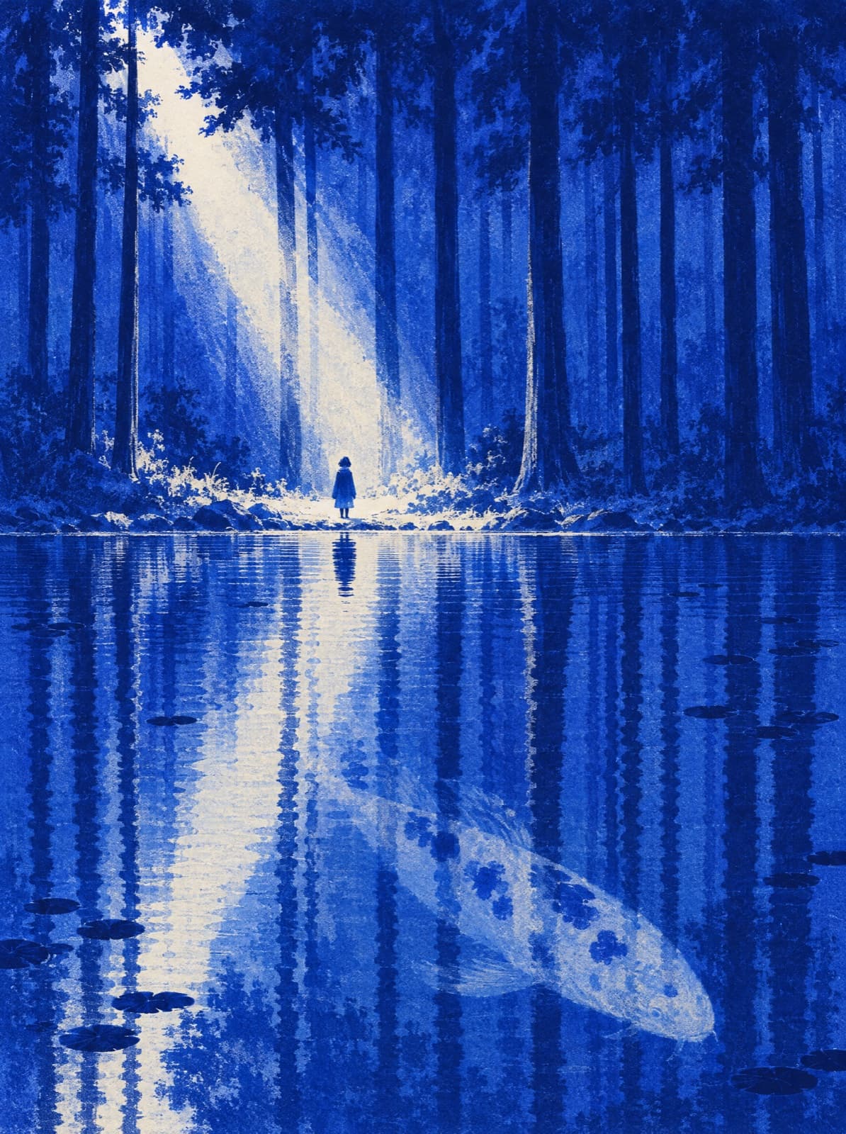 The same lake in riso cobalt: the figure on the shore, the koi under its reflection.