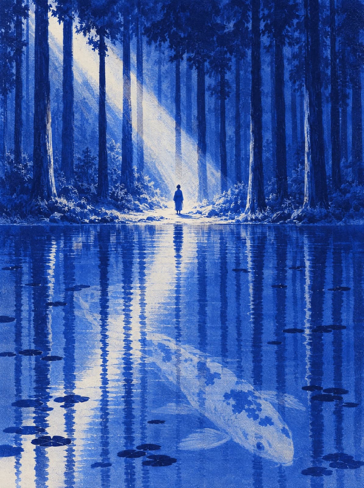 A riso painting in cobalt: a lone figure stands on a lake shore in a beam of light; in the reflection, unseen from the shore, a giant koi glides under the surface.